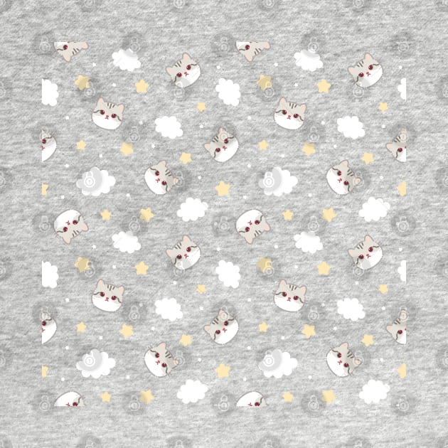 Pattern with white gray cat face, clouds and stars by Saya Raven